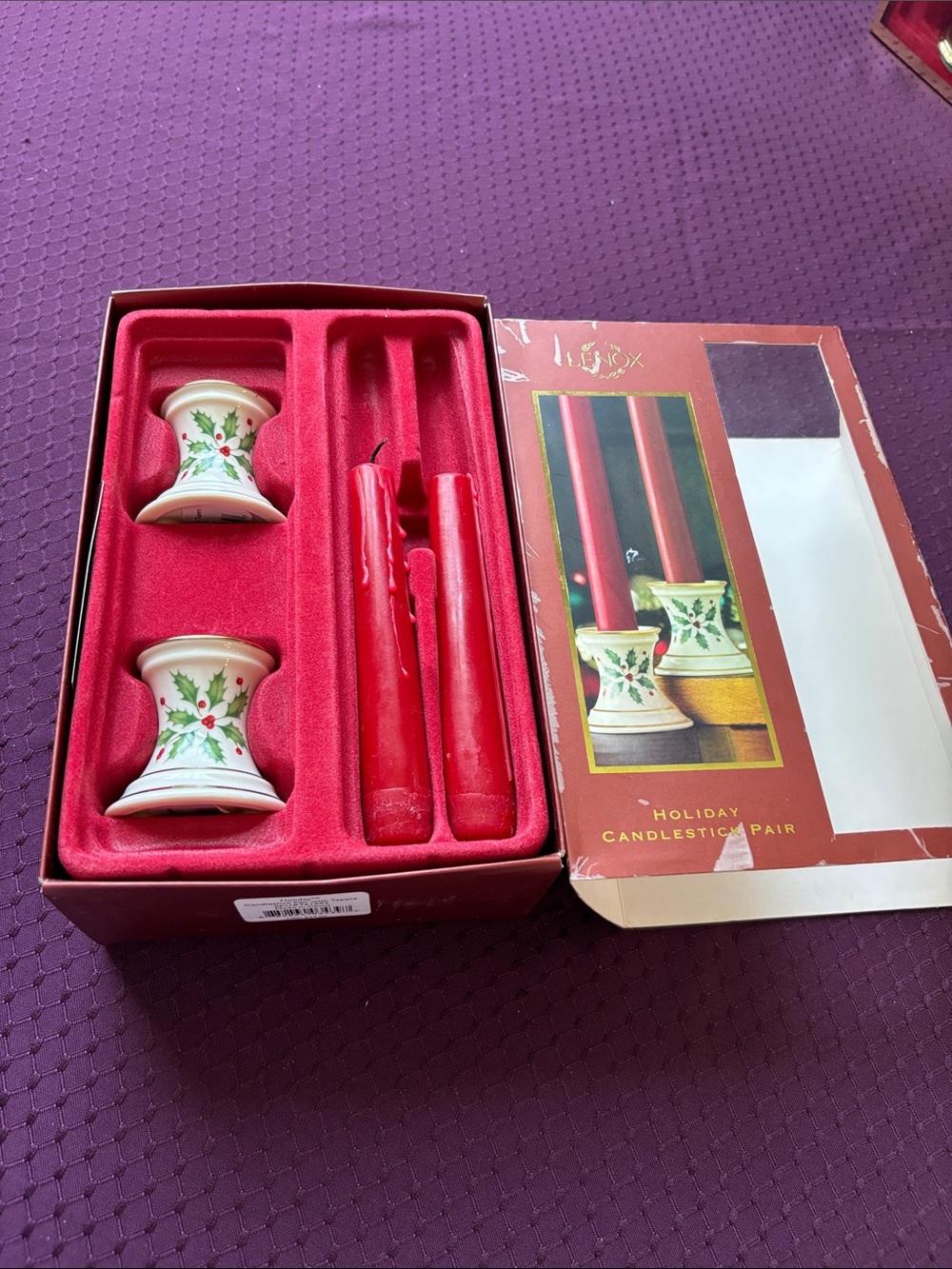 Lenox “Holiday” porcelain candlestick pair with tapers